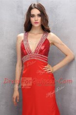 Beauteous Coral Red Criss Cross Evening Dress Beading Sleeveless Floor Length