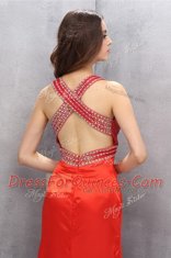 Beauteous Coral Red Criss Cross Evening Dress Beading Sleeveless Floor Length