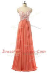 Amazing Spaghetti Straps Sleeveless Evening Dress Floor Length Beading and Appliques Watermelon Red Organza