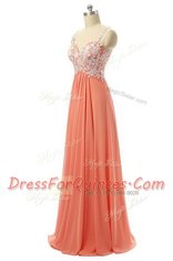 Amazing Spaghetti Straps Sleeveless Evening Dress Floor Length Beading and Appliques Watermelon Red Organza