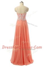 Amazing Spaghetti Straps Sleeveless Evening Dress Floor Length Beading and Appliques Watermelon Red Organza