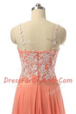 Amazing Spaghetti Straps Sleeveless Evening Dress Floor Length Beading and Appliques Watermelon Red Organza