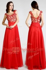 Comfortable Red Sleeveless Floor Length Beading and Appliques Zipper Evening Dress