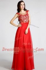Comfortable Red Sleeveless Floor Length Beading and Appliques Zipper Evening Dress