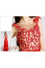 Comfortable Red Sleeveless Floor Length Beading and Appliques Zipper Evening Dress