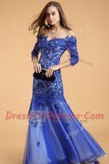 Off the Shoulder Royal Blue Mermaid Beading Prom Dresses Zipper Lace Sleeveless Floor Length