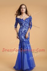 Off the Shoulder Royal Blue Mermaid Beading Prom Dresses Zipper Lace Sleeveless Floor Length