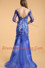 Off the Shoulder Royal Blue Mermaid Beading Prom Dresses Zipper Lace Sleeveless Floor Length