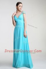 Luxurious Scoop Appliques and Bowknot Prom Dresses Aqua Blue Zipper Short Sleeves Floor Length