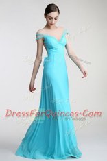 Luxurious Scoop Appliques and Bowknot Prom Dresses Aqua Blue Zipper Short Sleeves Floor Length