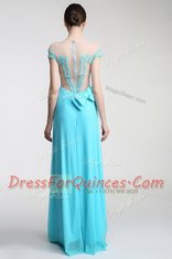 Luxurious Scoop Appliques and Bowknot Prom Dresses Aqua Blue Zipper Short Sleeves Floor Length