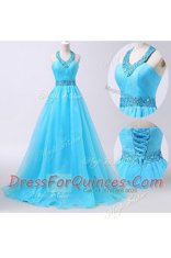 Exquisite Halter Top Aqua Blue Chiffon Lace Up Prom Gown Sleeveless Floor Length Beading and Belt