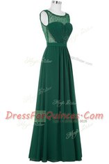 Scoop Beading and Ruching Prom Party Dress Dark Green Zipper Sleeveless Floor Length
