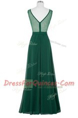 Scoop Beading and Ruching Prom Party Dress Dark Green Zipper Sleeveless Floor Length