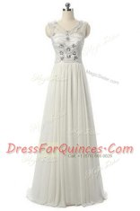 Sleeveless Floor Length Beading Zipper Prom Dresses with White