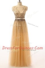 Classical Gold Prom Dress Prom and Party and For with Beading and Belt Bateau Sleeveless Side Zipper