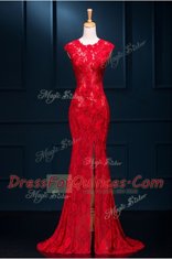 Mermaid Scoop Red Sleeveless Lace Floor Length Homecoming Dress