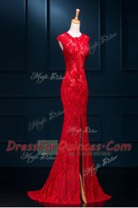 Mermaid Scoop Red Sleeveless Lace Floor Length Homecoming Dress