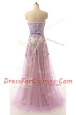 High Class Lilac Empire Sweetheart Sleeveless Organza Brush Train Zipper Lace and Appliques and Belt Prom Dresses