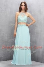Stylish Halter Top Light Blue Empire Beading Prom Party Dress Zipper Tulle Sleeveless