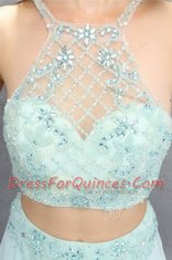 Stylish Halter Top Light Blue Empire Beading Prom Party Dress Zipper Tulle Sleeveless