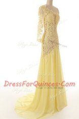 Fashion Light Yellow Side Zipper One Shoulder Lace Evening Dress Chiffon and Lace 3 4 Length Sleeve Sweep Train