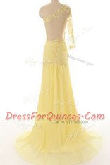 Fashion Light Yellow Side Zipper One Shoulder Lace Evening Dress Chiffon and Lace 3 4 Length Sleeve Sweep Train