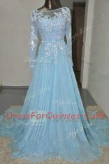 Baby Blue Prom Gown Organza Court Train Long Sleeves Appliques and Belt