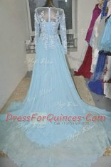 Baby Blue Prom Gown Organza Court Train Long Sleeves Appliques and Belt