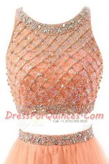 Hot Sale Scoop Beading and Belt Dress for Prom Orange Side Zipper Sleeveless Sweep Train