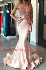 Mermaid Scoop Sleeveless Prom Dresses With Brush Train Beading Peach Chiffon