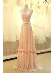 Delicate Organza Scoop Sleeveless Sweep Train Zipper Lace and Belt Prom Gown in Peach