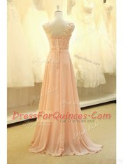 Delicate Organza Scoop Sleeveless Sweep Train Zipper Lace and Belt Prom Gown in Peach