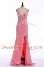 Admirable Rose Pink Prom Party Dress Prom and Party and For with Lace and Appliques V-neck Sleeveless Sweep Train Backless
