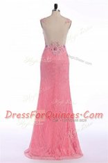 Admirable Rose Pink Prom Party Dress Prom and Party and For with Lace and Appliques V-neck Sleeveless Sweep Train Backless