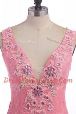 Admirable Rose Pink Prom Party Dress Prom and Party and For with Lace and Appliques V-neck Sleeveless Sweep Train Backless