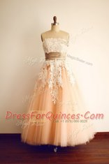 Fantastic Peach Evening Dress Prom and Party and For with Lace and Appliques and Belt Strapless Sleeveless Zipper