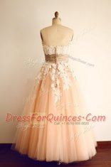 Fantastic Peach Evening Dress Prom and Party and For with Lace and Appliques and Belt Strapless Sleeveless Zipper
