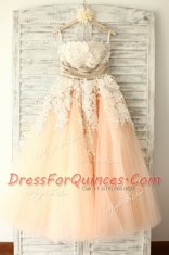 Fantastic Peach Evening Dress Prom and Party and For with Lace and Appliques and Belt Strapless Sleeveless Zipper