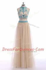 Low Price Beading and Appliques and Belt Champagne Zipper Sleeveless Floor Length