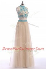 Low Price Beading and Appliques and Belt Champagne Zipper Sleeveless Floor Length