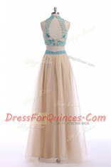 Low Price Beading and Appliques and Belt Champagne Zipper Sleeveless Floor Length