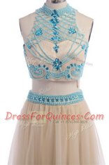 Low Price Beading and Appliques and Belt Champagne Zipper Sleeveless Floor Length