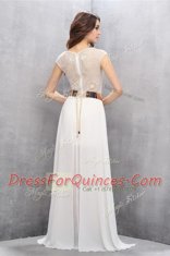 Simple White Sleeveless Sweep Train Lace and Belt Dress for Prom