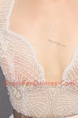 Simple White Sleeveless Sweep Train Lace and Belt Dress for Prom