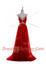 Red A-line Chiffon V-neck Sleeveless Beading and Belt Zipper Prom Party Dress Brush Train