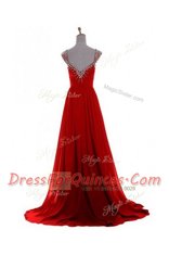 Red A-line Chiffon V-neck Sleeveless Beading and Belt Zipper Prom Party Dress Brush Train