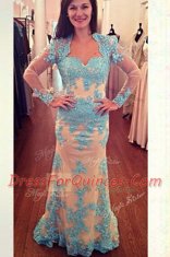 Square Long Sleeves Brush Train Zipper Prom Gown White and Blue Chiffon