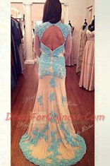 Square Long Sleeves Brush Train Zipper Prom Gown White and Blue Chiffon