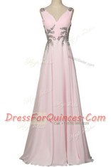 Stylish V-neck Sleeveless Brush Train Zipper Dress for Prom Baby Pink Chiffon